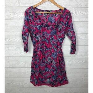 Talbots Women's Paisley Print 3/4 Sleeve Dress Tassels Pom Pom Hem Size Small